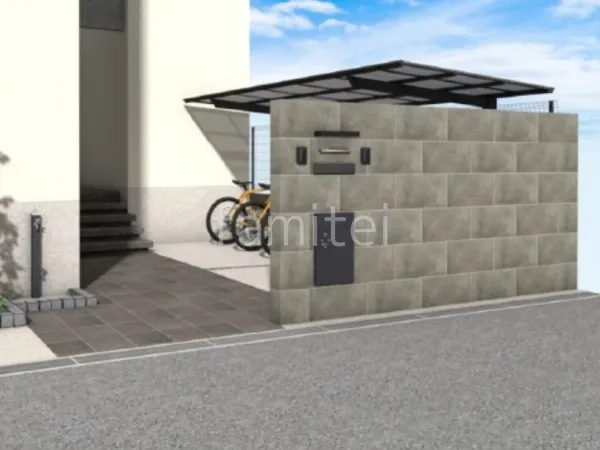 立水栓　ピンコロ石囲い　アプローチ　タイル貼り