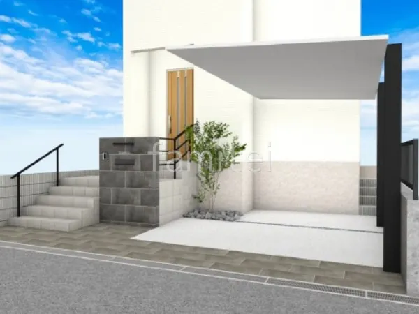 1台用カーポート　アプローチ　タイル貼り　ロックガーデン