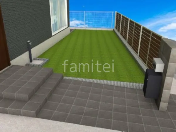 人工芝　立水栓　ピンコロ石囲い