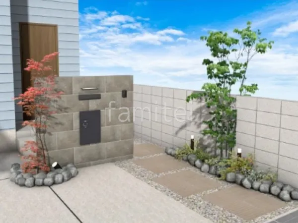 アプローチ　平板　タイル門柱　ロックガーデン