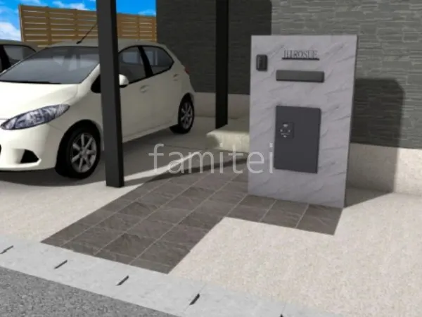 アプローチ　タイル貼り　塗り壁門柱