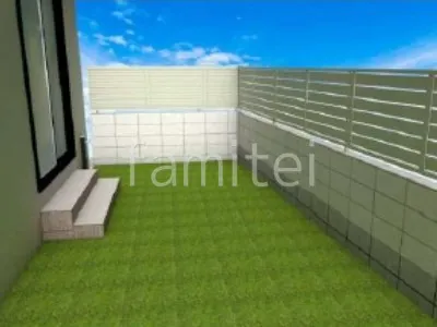 人工芝　目隠しフェンス　化粧ブロック階段