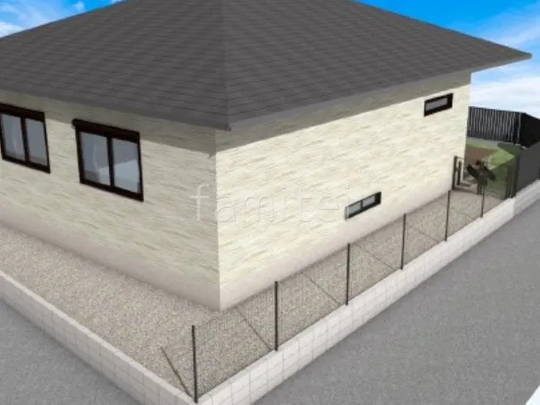 メッシュフェンス　砂利敷き　両開き門扉