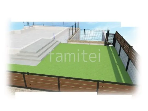 目隠しフェンス　人工芝　片開き門扉