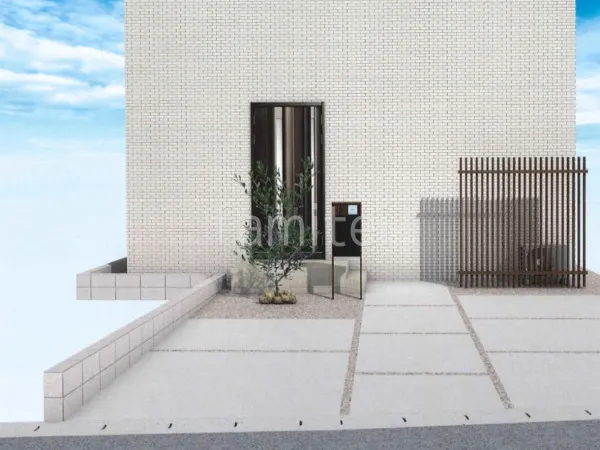 土間コンクリート　目隠しスクリーン　宅配ボックス付き機能門柱　シンボルツリー