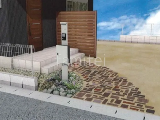 レンガアプローチ　目隠しフェンス