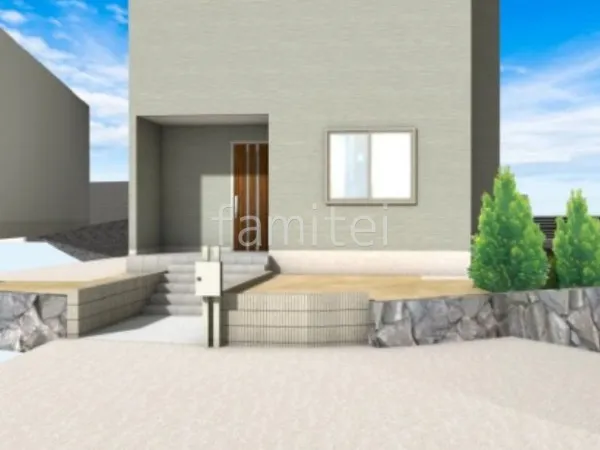 角柱門柱　階段　タイル貼り