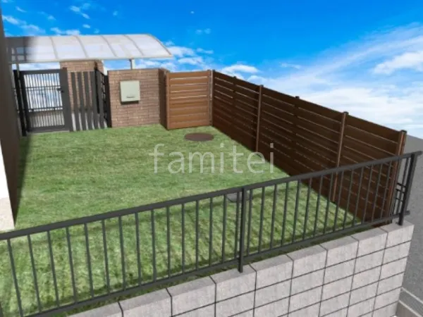 目隠しフェンス　片開き門扉　角柱　人工芝