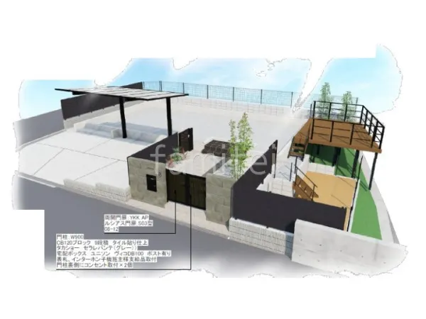 タイル門柱　両開き門扉　目隠しフェンス