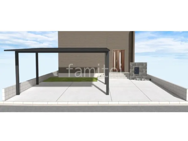 2台用カーポート　土間コンクリート　人工芝