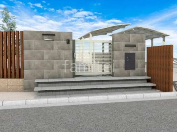 タイル門柱　蹴込階段　スライド門扉　角柱