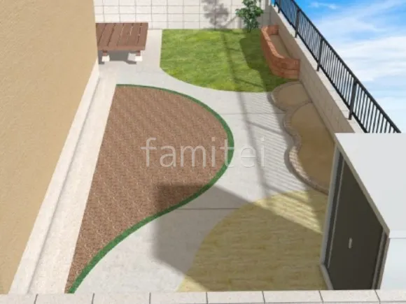 洗出し仕上げ　花壇　天然芝　土間コンクリート