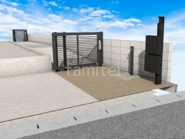 タイルアプローチ　引戸門扉　宅配ボックス付き機能門柱　立水栓