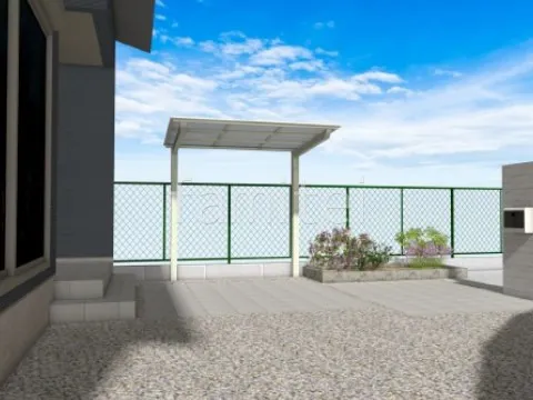 タイルアプローチ　砂利敷き　花壇