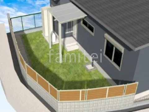 人工芝　目隠しフェンス　立水栓　ピンコロ石囲い