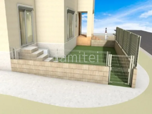 化粧ブロック　メッシュフェンス　片開き門扉　人工芝