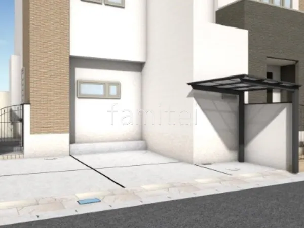 土間コンクリート　床タイル貼り　サイクルポート