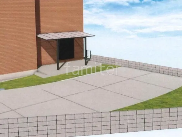 土間コンクリート　天然芝　1台用カーポート　タイルデッキ