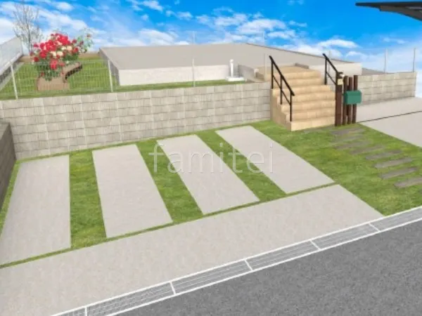 土間コンクリート　轍　天然芝