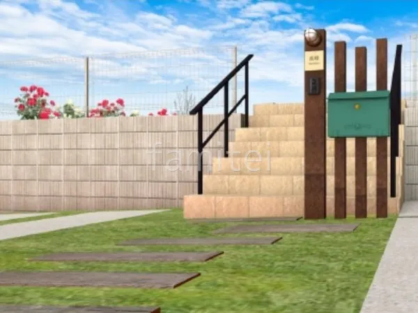 手すり　角柱門柱　アプローチ　コンクリート枕木