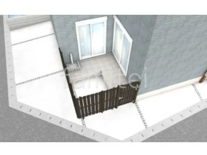 タイルデッキ　目隠しスクリーン　片開き門扉　立水栓