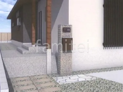 スロープ　洗出し　石材門柱　乱形石