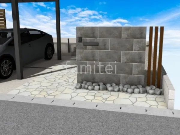 タイル門柱　角柱　ロックガーデン　乱形石　アプローチ