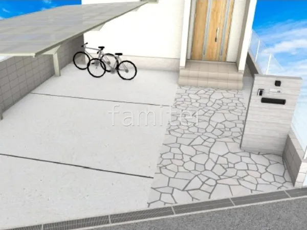 乱形石　アプローチ　タイル門柱