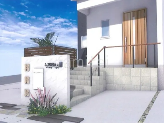 手すり　塗り壁門柱　乱形石　枕木　アプローチ