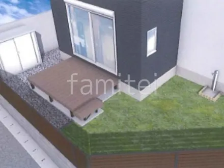 ウッドデッキ　天然芝　立水栓