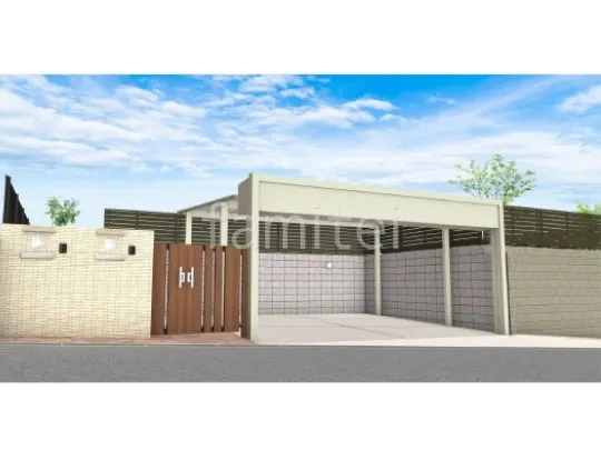 シャッターゲート　2台用カーポート　親子開き門扉　タイル門柱