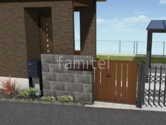 親子開き門扉　タイル門柱　ロックガーデン