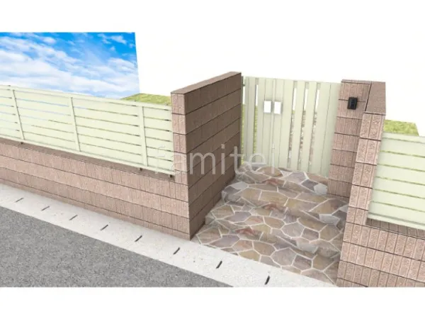 化粧ブロック　目隠しフェンス　親子開き門扉　乱形石