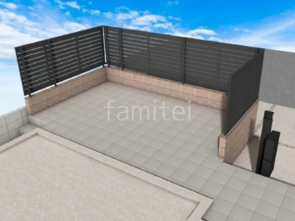 目隠しフェンス　化粧ブロック　タイルデッキ