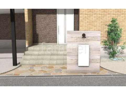 アプローチ　乱形石　タイル門柱　シンボルツリー