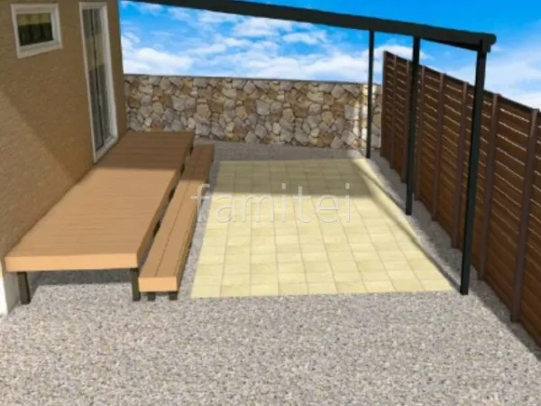 1階用テラス屋根　ウッドデッキ　床タイル貼り　目隠しフェンス