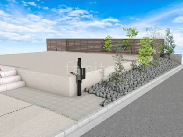 タイルアプローチ　機能門柱　ロックガーデン