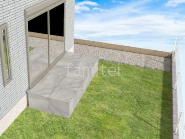 タイルデッキ　人工芝　砂利敷き