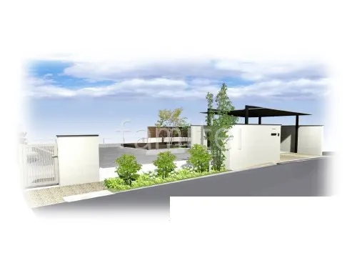 シンボルツリー　塗り壁門塀　片開き門扉