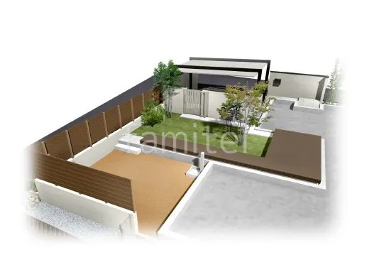 ウッドデッキ　天然芝　引き戸門扉