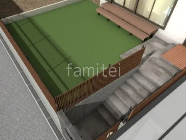 目隠しフェンス　人工芝　ウッドデッキ　階段タイル貼り
