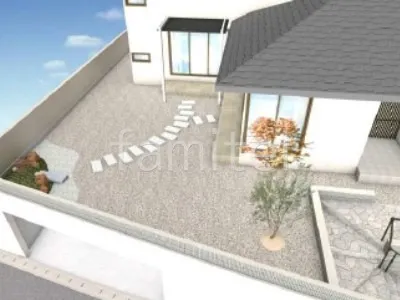 砂利敷き　平板敷き　1階用テラス屋根