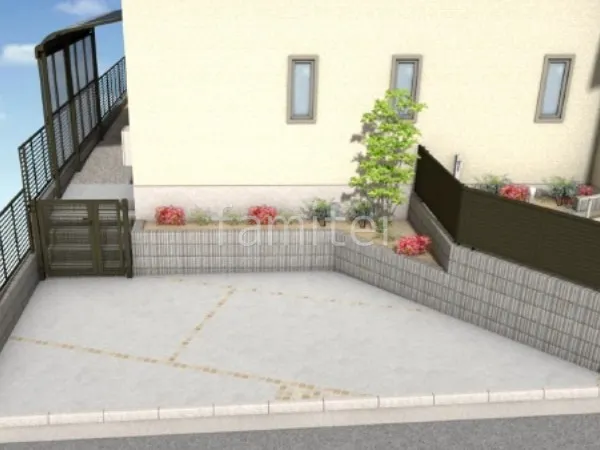 土間コンクリート　ピンコロ石目地　親子開き門扉　目隠しフェンス