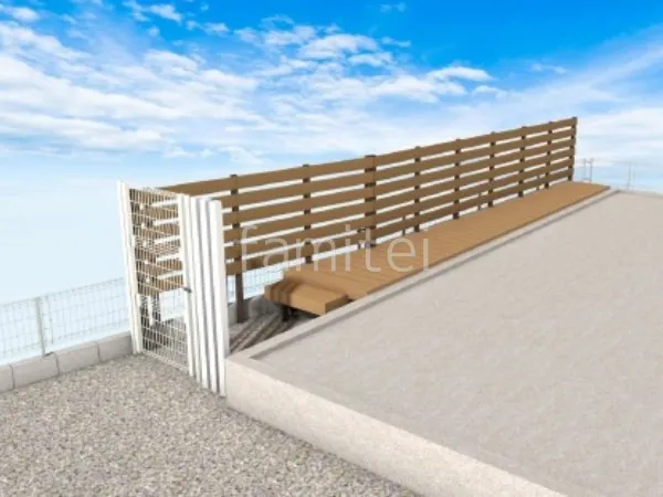 ウッドデッキ　目隠しフェンス　片開き門扉　角柱