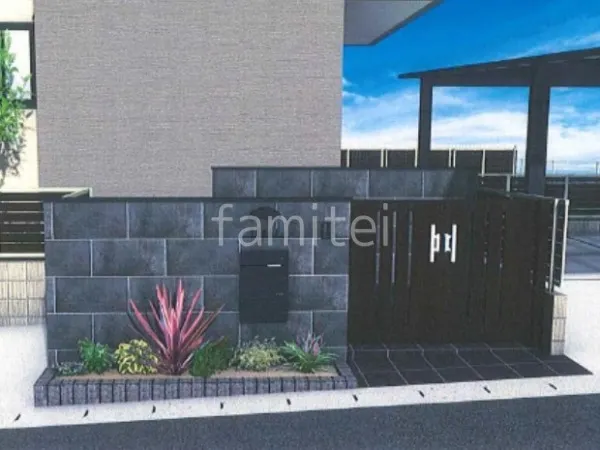 両開き門扉　タイル門柱　タイルアプローチ