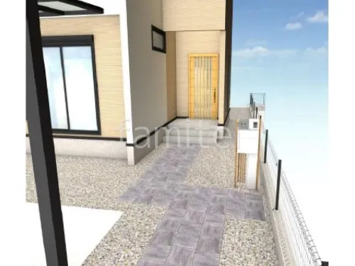 アプローチ　平板敷き　機能門柱