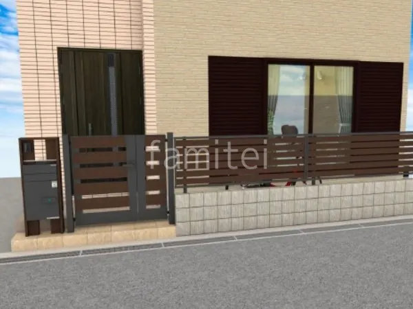 目隠しフェンス　宅配ボックス付き機能門柱　親子開き門扉