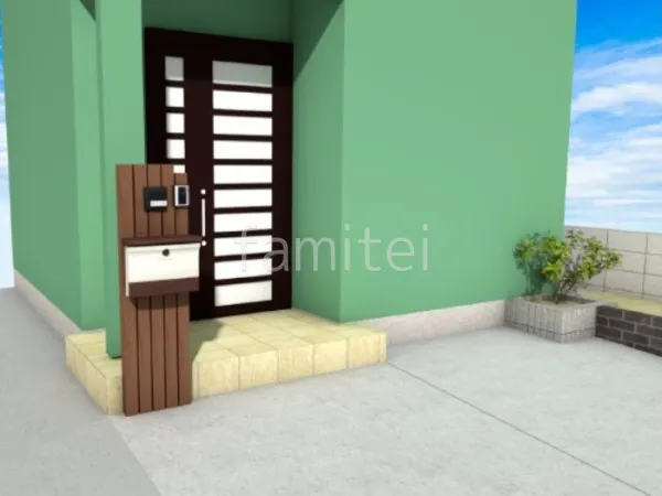 角柱門柱　土間コンクリート　タイル階段