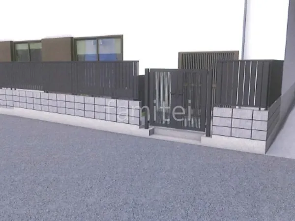 ブロック積　目隠しフェンス　両開き門扉