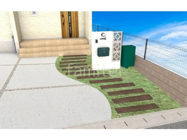 アプローチ コンクリート枕木 天然芝